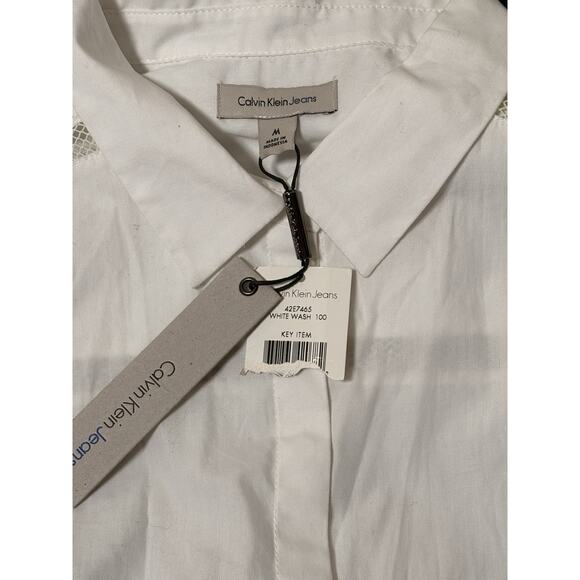 Calvin Klein Women’s 3/4 Sleeve Mesh Inserts White Hidden Button Down Shirt Sz M - Picture 4 of 5